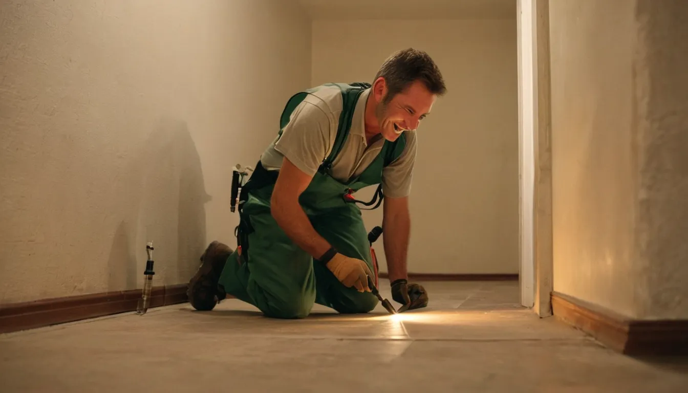 A friendly pest control provider inspecting a stone basement wall in an older home near New York